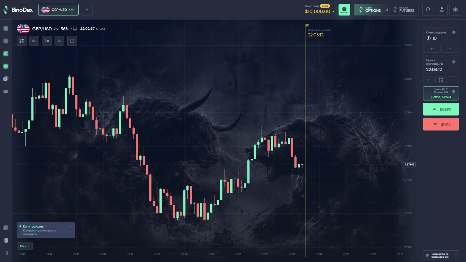 Демо-терминал BinoDex Digital Options: GBP/USD OTC, баланс 10 000 долларов, выплата 96 процентов и сумма сделки 10 долларов